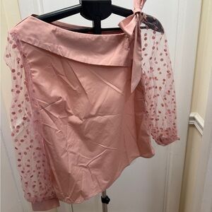 Pink Blouse with Polka Dot Mesh Sleeves
